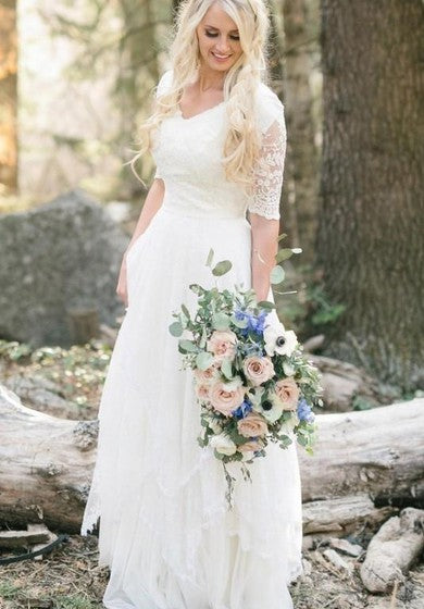 Vestido de boda múltiple de encaje de cuello en V country/occidental con cuello en V