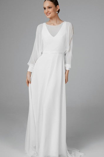 Robe de mariée décontractée en mousseline de soie à col bateau et traîne