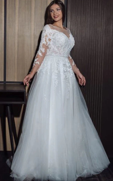 Robe de mariée trapèze grande taille à manches longues et décolleté dégagé avec appliques en dentelle