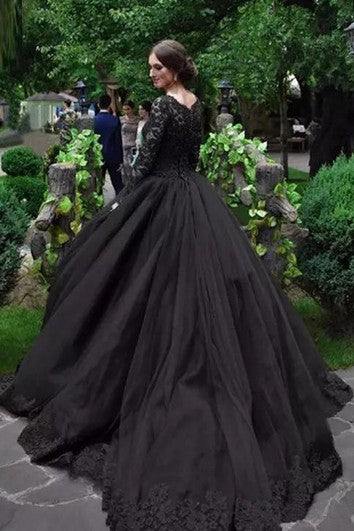 Vestido de pelota Lace Tul Bateau Manga larga Vestido de novia de barrido hasta el suelo con apliques y pliegues