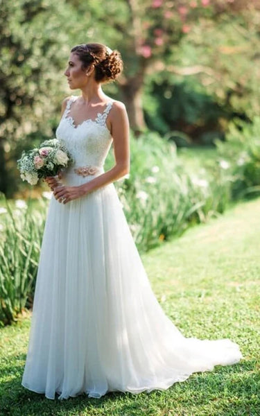 Vestido de novia de gasa plisado de línea A casual con top de encaje