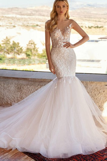 Vestido de boda de encaje sin mangas romántico sirena de bateau con apliques
