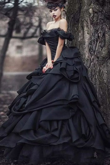 Tafeta de vestidos de pelota fuera del hombro vestido de novia sin mangas hasta el suelo con volantes en cascada y ruchabe