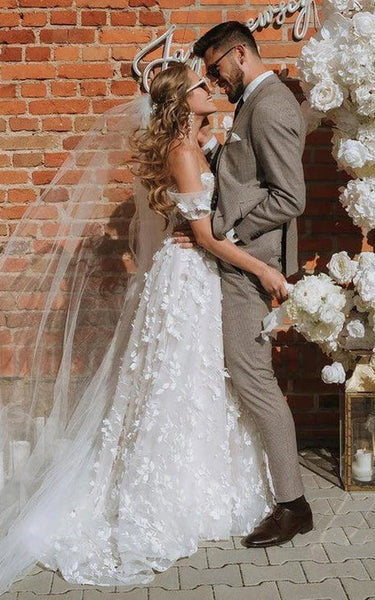 Vestido de boda de encaje de encaje floral fuera del hombro