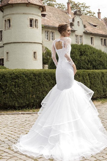 Illusion Long Sleeve Appliques Mermaid Dress