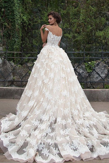 Ball Gown Mini Jewel Bell Illusion Beading Appliques Flower Illusion Flower Chapel Train Button Illusion Tulle Lace Dress
