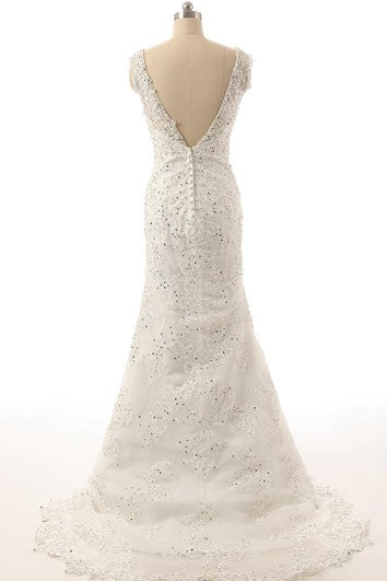 Floor-Length Scoop Bell Cap Beading Appliques Zipper Corset Back Lace Sequins Organza Dress