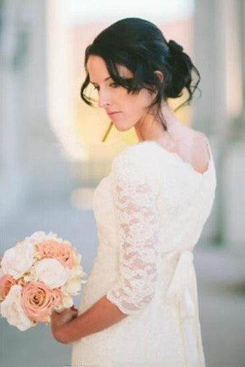 Romantisches Strand-Brautkleid mit 3/4-Ärmeln und Juwelen, schlichtes weißes Bohemian-Spitzenkleid