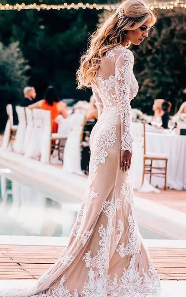 Robe de mariée modeste à manches longues, fourreau, en dentelle, avec appliques, col rond, traîne