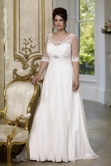 Robe trapèze longueur sol, col rond, manches mi-longues, empire, mousseline, traîne, décolleté en V, dos nu, applications