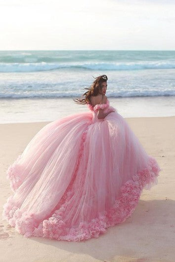 Fairy Pink Off-the-Shoulder Wedding Dress Tulle Ball Gown With Train