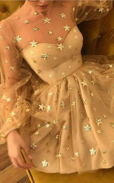 Black Illusion Tulle Stars Sorth A-Line Cocktail Vestido