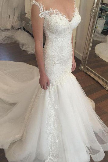Mermaid Mini Sweetheart Bell Cap Illusion Beading Appliques Illusion Sweep Train Button Illusion Tulle Lace Dress