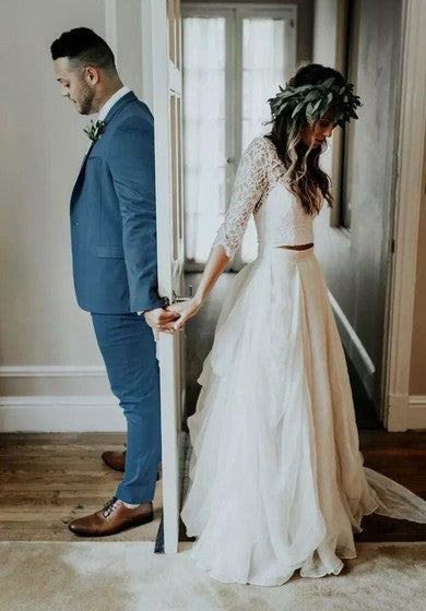 Vestido de boda de encaje con pincel de dos piezas de dos piezas de dos piezas 3-4 longitud