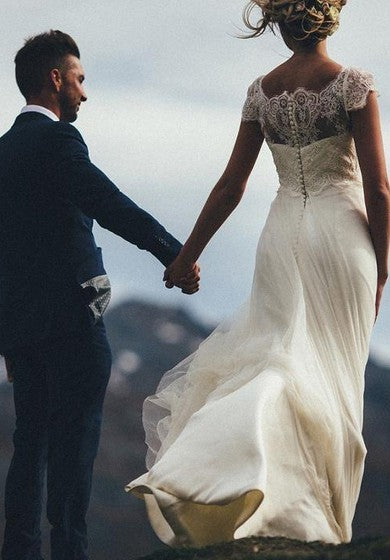 Robe de mariée adorable et éthérée en satin, dentelle, tulle, longueur au sol, ligne A, manches courtes