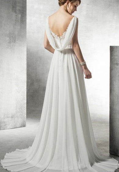 Robe trapèze empire en mousseline et dentelle avec perles et col bénitier au dos