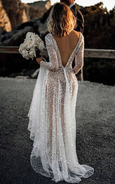 fitted lace wedding dress Sexy Illusion Beaded Ethereal Sheath Long Sleeve Plunged Dress – Ms. Grace