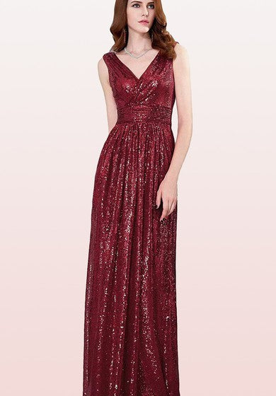Vestido de dama de honor con lentejuelas sin mangas, con cuello en V, con Ruching