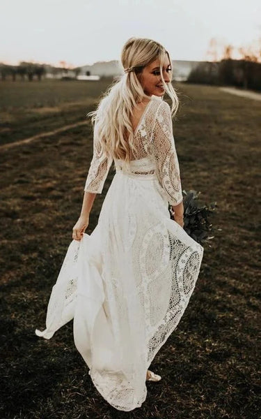 Vestido de boda de campo plisado de encaje de cuello de cuello boho
