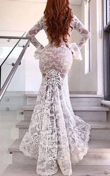 Robe fourreau illusion à manches longues et dentelle sexy plongeante