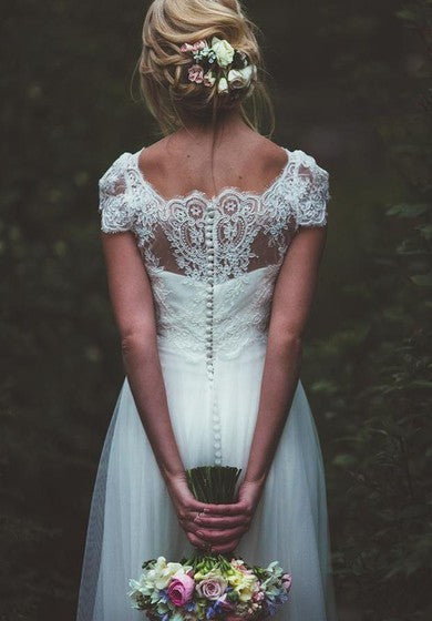 Robe de mariée adorable et éthérée en satin, dentelle, tulle, longueur au sol, ligne A, manches courtes
