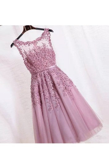 Mini mini sin mangas Tulle adorable A-Line Scoop Petite Zipper Back Appliques Vestido de dama de honor