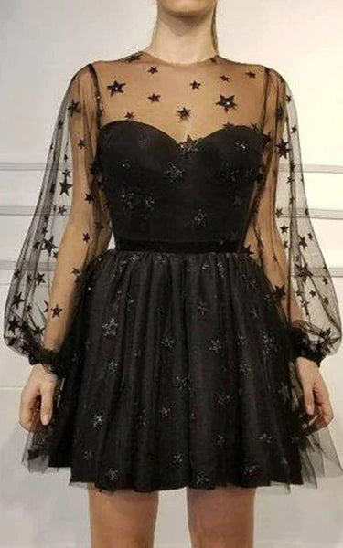 Black Illusion Tulle Stars Sorth A-Line Cocktail Vestido