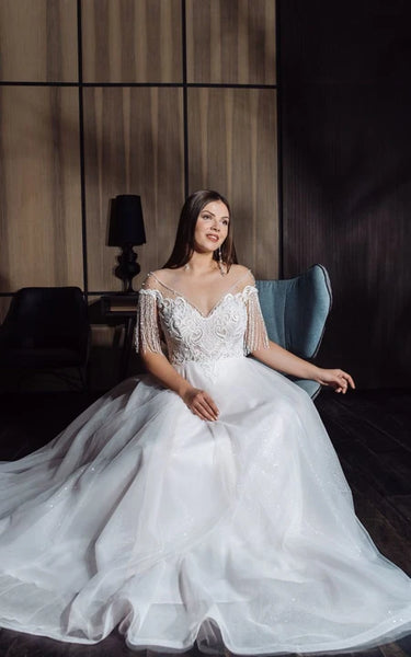 Cowl-neck Off-the-shoulder Plus Size A-line Wedding Dress with Crystal Detailings and Lace applique