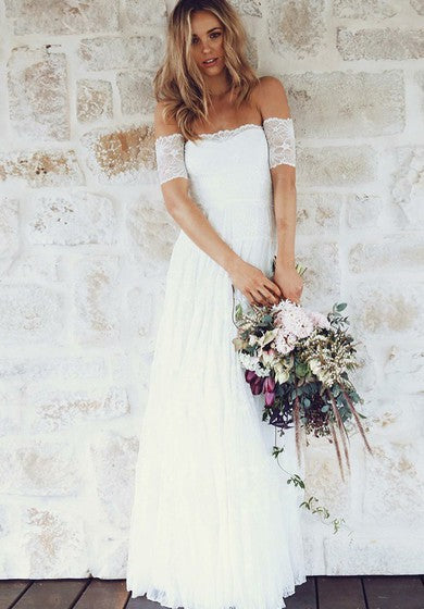 Robe de mariée bohème en dentelle à manches courtes et épaules dénudées en ligne A Robes de mariée