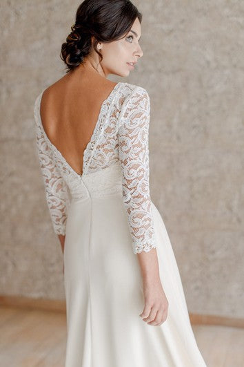 Encaje casual Una línea hasta el tobillo de 3/4 manga de longitud queen Anne Vestido de novia