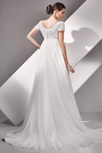 Empire Manga corta Scoop Long Scoop Botón Vestido posterior con detalles de cristal