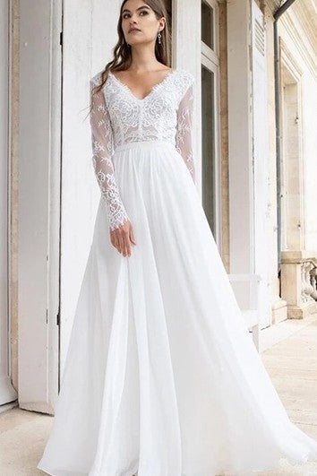 Schlichtes A-Linien-Brautkleid mit V-Ausschnitt und bodenlangem Ärmel