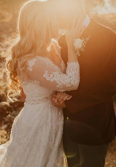 Robe de mariée Country grande taille en dentelle à col en V illusion 3-4 à manches longues printemps/automne/hiver