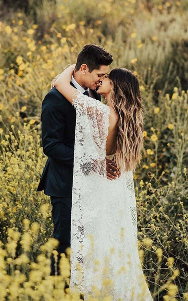 Boho Long Poet manga encaje delantero con la cubierta dividida espagueti de espagueti vestido de novia
