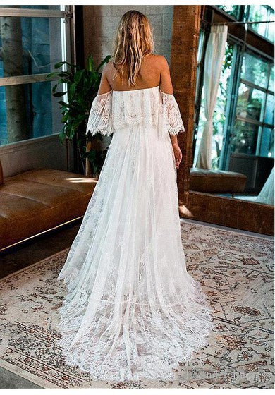 Robe de mariée trapèze en tulle à épaules dénudées et longueur au sol avec manches courtes