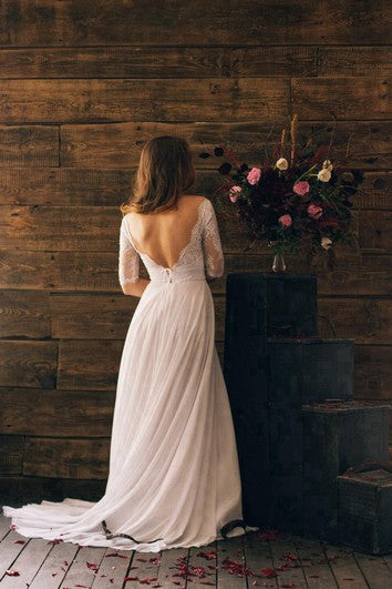 3-4 Vestido de gasa Bateau Neck con corpiño de encaje