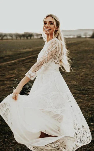 Vestido de boda de campo plisado de encaje de cuello de cuello boho