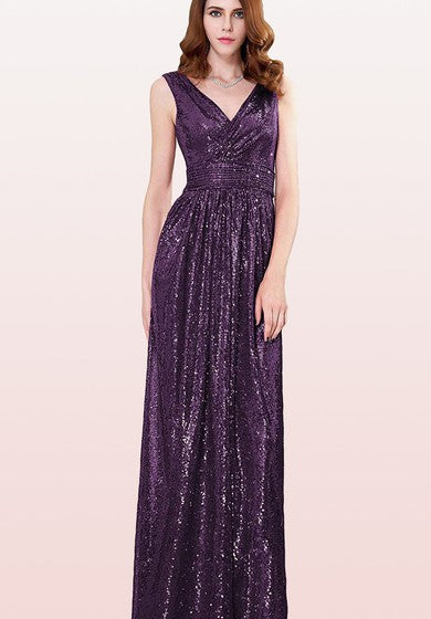 Vestido de dama de honor con lentejuelas sin mangas, con cuello en V, con Ruching
