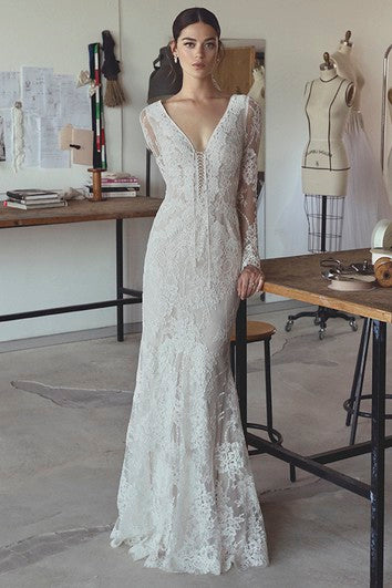Sexy sirena bohemia ilusión de manga larga vestida de novia con hundimiento