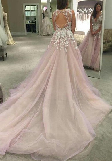 Magnuoso vestido de fiesta con cuello en V sin mangas 2018 Tulle Appliques