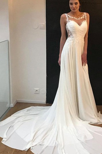 Romantisches A-Linien-Brautkleid aus Chiffon mit U-Boot-Ausschnitt und Applikationen