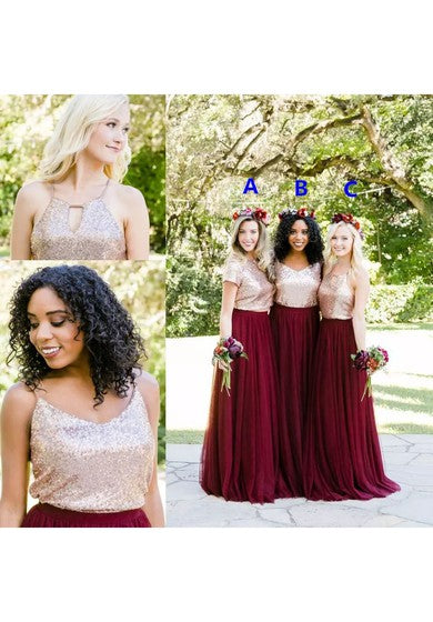 Halter Neck Sleeveless Floor-length Tulle and Sequins A-Line Dress