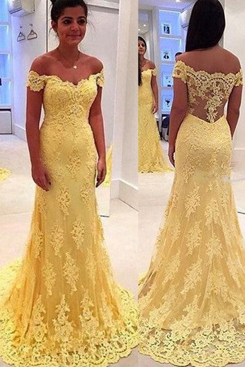 Vestido de noche de encaje amarillo moderno Mermaid fuera del hombro