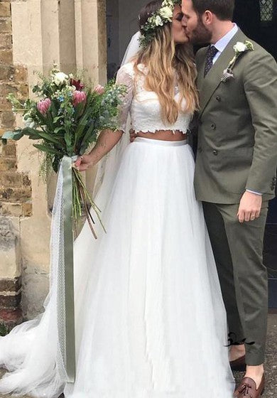 Tul de encaje Trajo hasta el piso de la corte de dos piezas Media manga Sexy Wedding Vestido