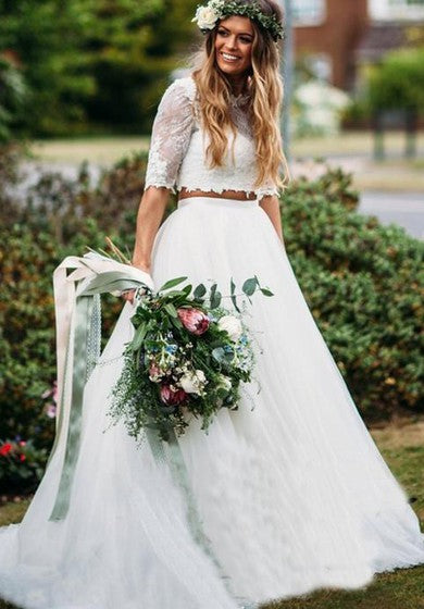 Tul de encaje Trajo hasta el piso de la corte de dos piezas Media manga Sexy Wedding Vestido