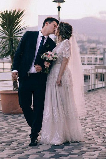 Vestido de novia de gasa de encaje de media manga de cuello alto con ilusión
