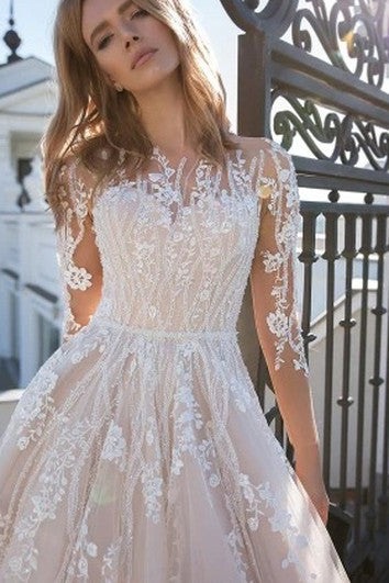 Robe de mariée simple à manches longues et en dentelle avec illusion et bijou, coupe trapèze, longueur au sol, avec appliques