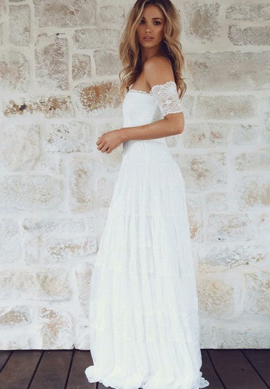 Robe de mariée bohème en dentelle à manches courtes et épaules dénudées en ligne A Robes de mariée