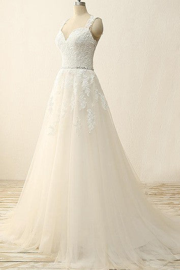Vestido de tulhear de la línea A de línea con correas y apliques de encaje