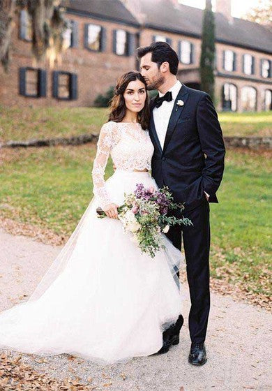 Dos piezas de manga larga encaje bohemio modesto vestido de novia